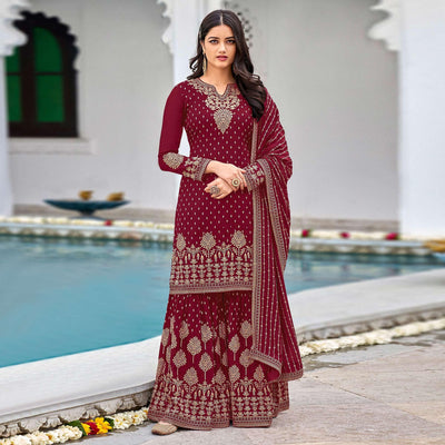 Maroon Partywear Embroidery With Sequins Heavy Faux Georgette Salwar Suit