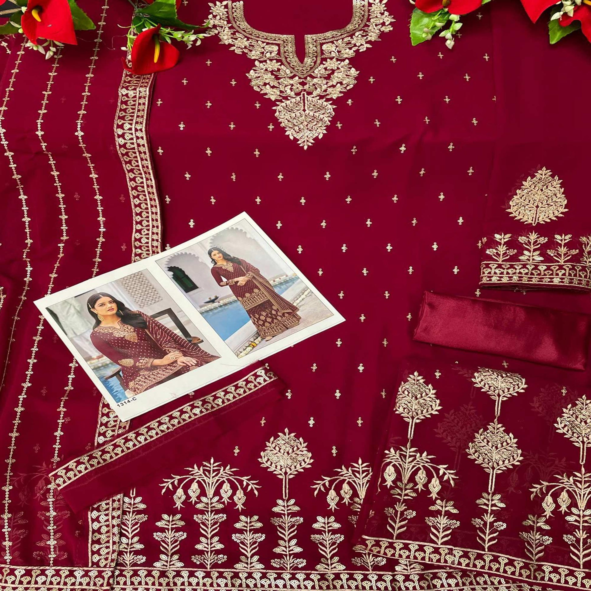 Maroon Partywear Embroidery With Sequins Heavy Faux Georgette Salwar Suit