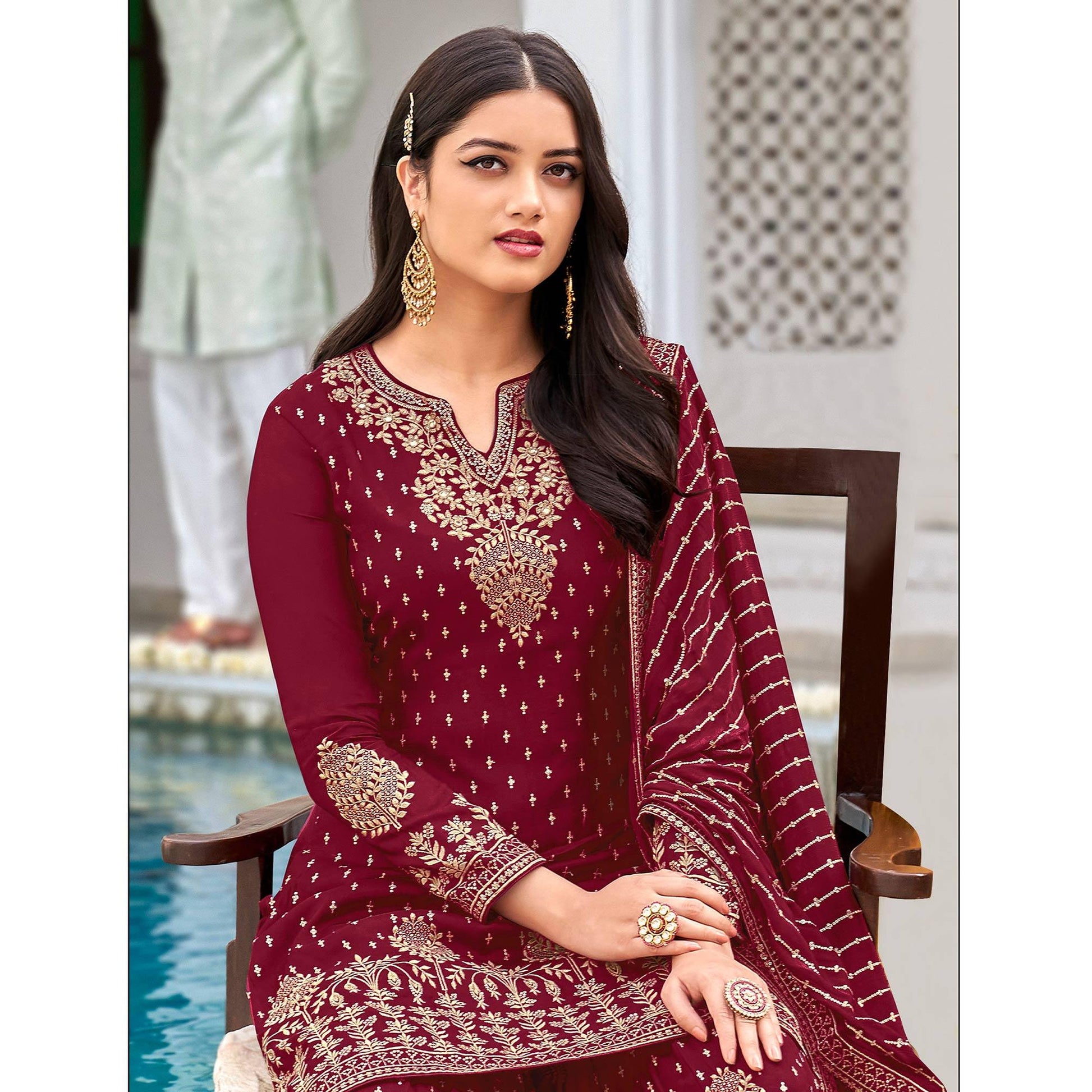 Maroon Partywear Embroidery With Sequins Heavy Faux Georgette Salwar Suit