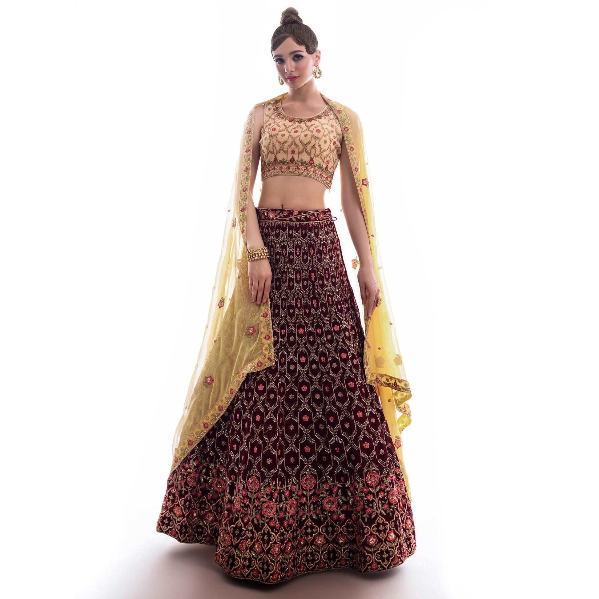 Maroon Partywear Floral Embroidered Georgette Lehenga Choli