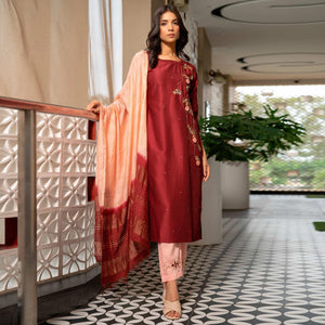 Maroon Partywear Floral Embroidered Cotton Silk Suit