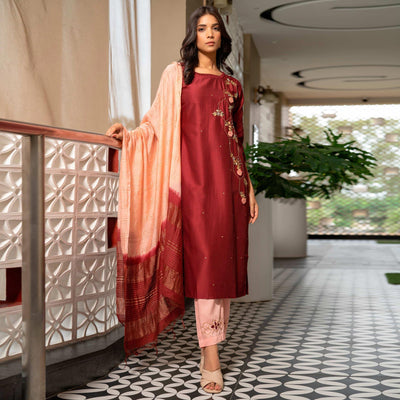 Maroon Partywear Floral Embroidered Cotton Silk Suit