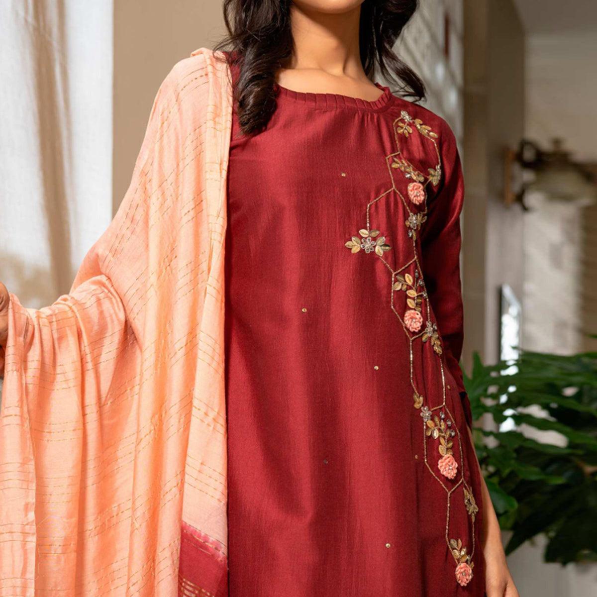 Maroon Partywear Floral Embroidered Cotton Silk Suit