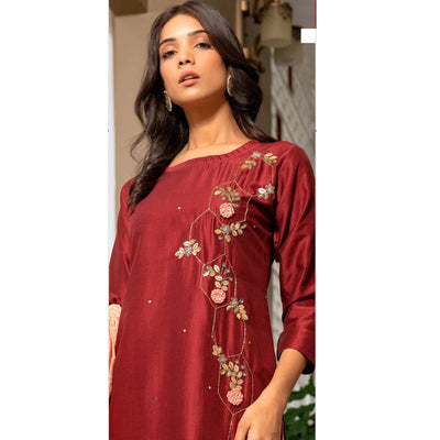 Maroon Partywear Floral Embroidered Cotton Silk Suit