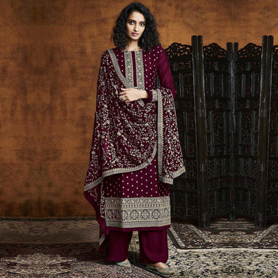 Maroon Partywear Floral Sequins Embroidery Georgette Palazzo Suit