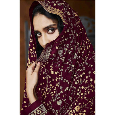 Maroon Partywear Floral Sequins Embroidery Georgette Palazzo Suit