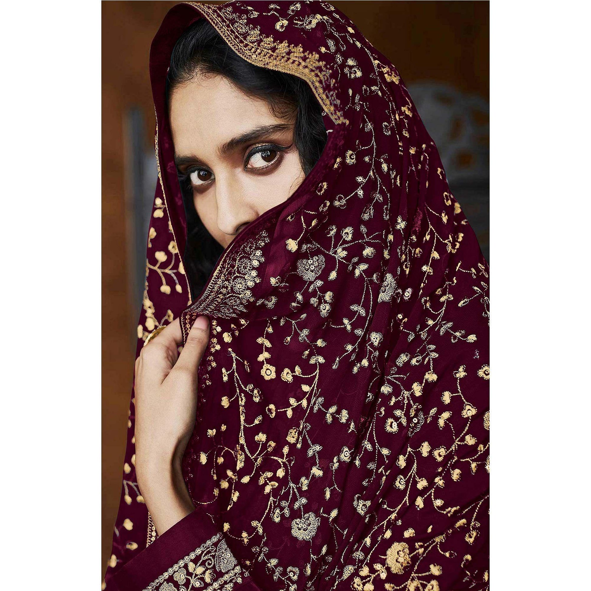 Maroon Partywear Floral Sequins Embroidery Georgette Palazzo Suit