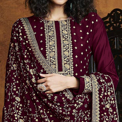 Maroon Partywear Floral Sequins Embroidery Georgette Palazzo Suit