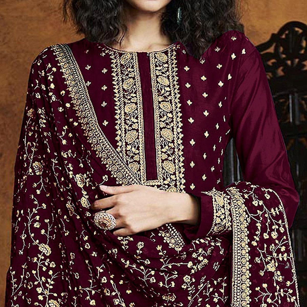 Maroon Partywear Floral Sequins Embroidery Georgette Palazzo Suit
