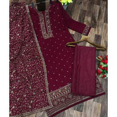 Maroon Partywear Floral Sequins Embroidery Georgette Palazzo Suit