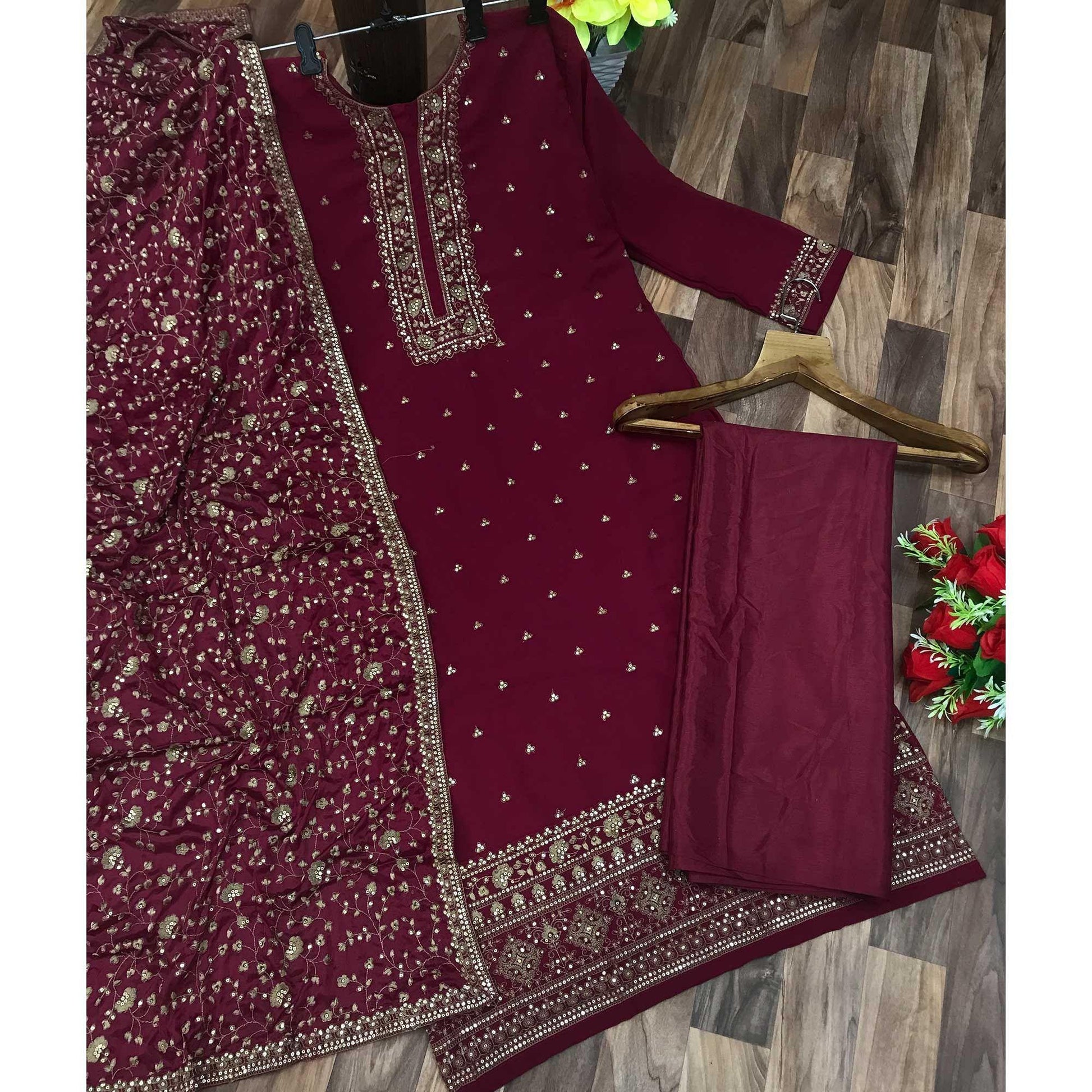 Maroon Partywear Floral Sequins Embroidery Georgette Palazzo Suit