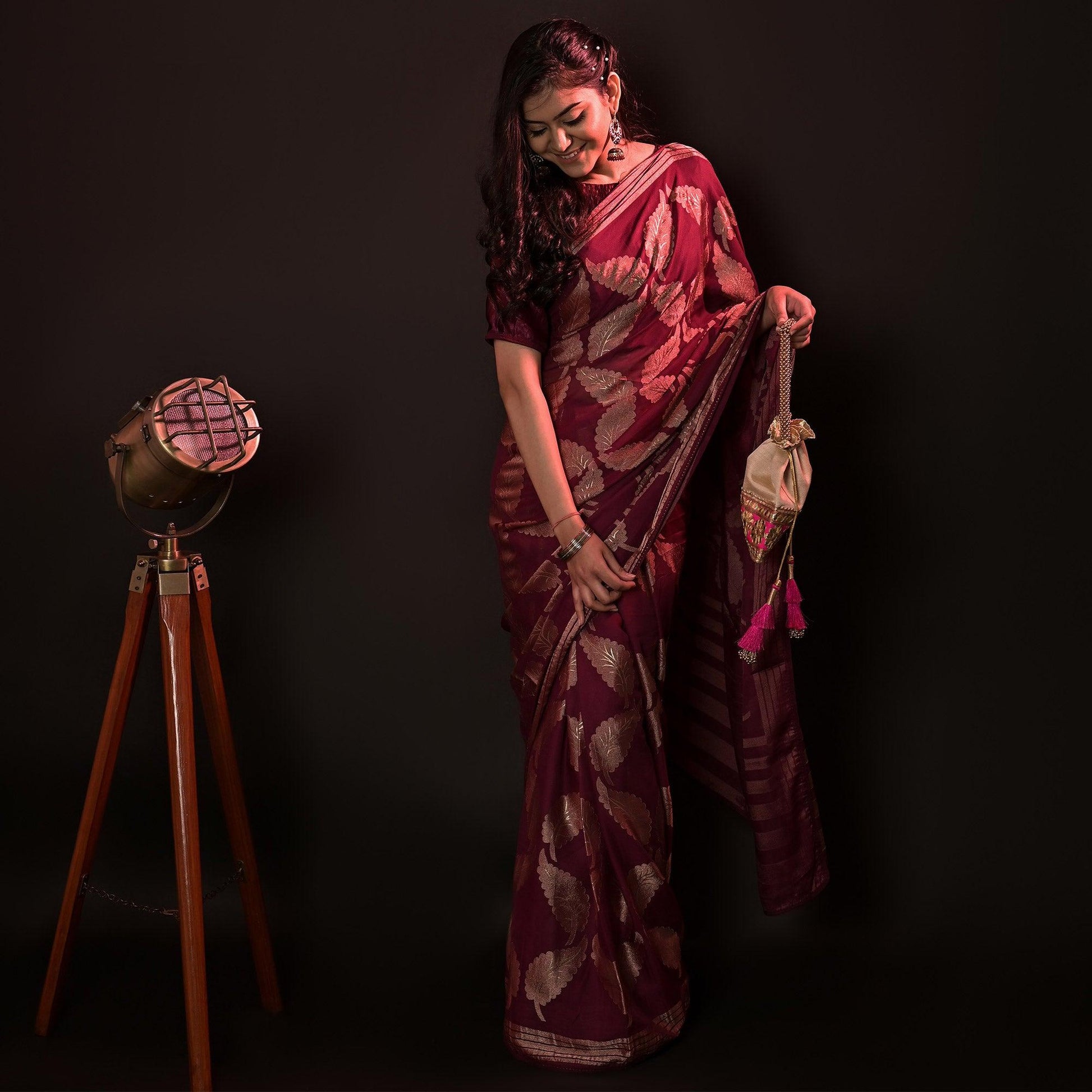Maroon Partywear Foil Printed Diamond Lace Brasso Saree