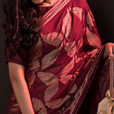 Maroon Partywear Foil Printed Diamond Lace Brasso Saree
