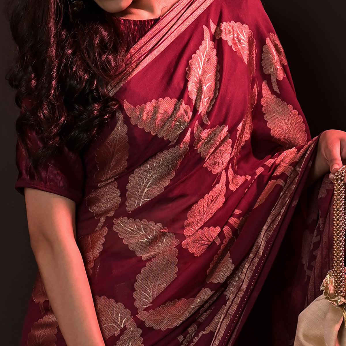 Maroon Partywear Foil Printed Diamond Lace Brasso Saree