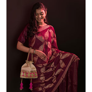 Maroon Partywear Foil Printed Diamond Lace Brasso Saree