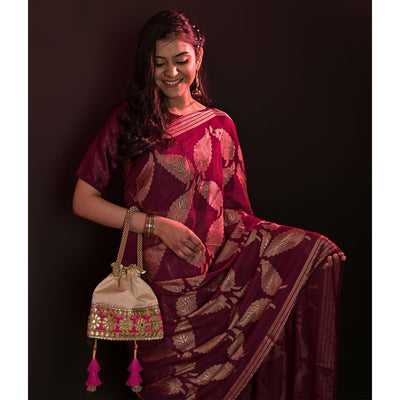 Maroon Partywear Foil Printed Diamond Lace Brasso Saree