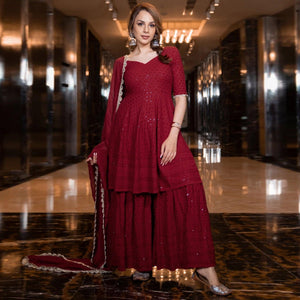 Maroon Partywear Lucknowi Chikankari Rayon Sharara Suit