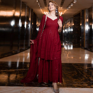 Maroon Partywear Lucknowi Chikankari Rayon Sharara Suit