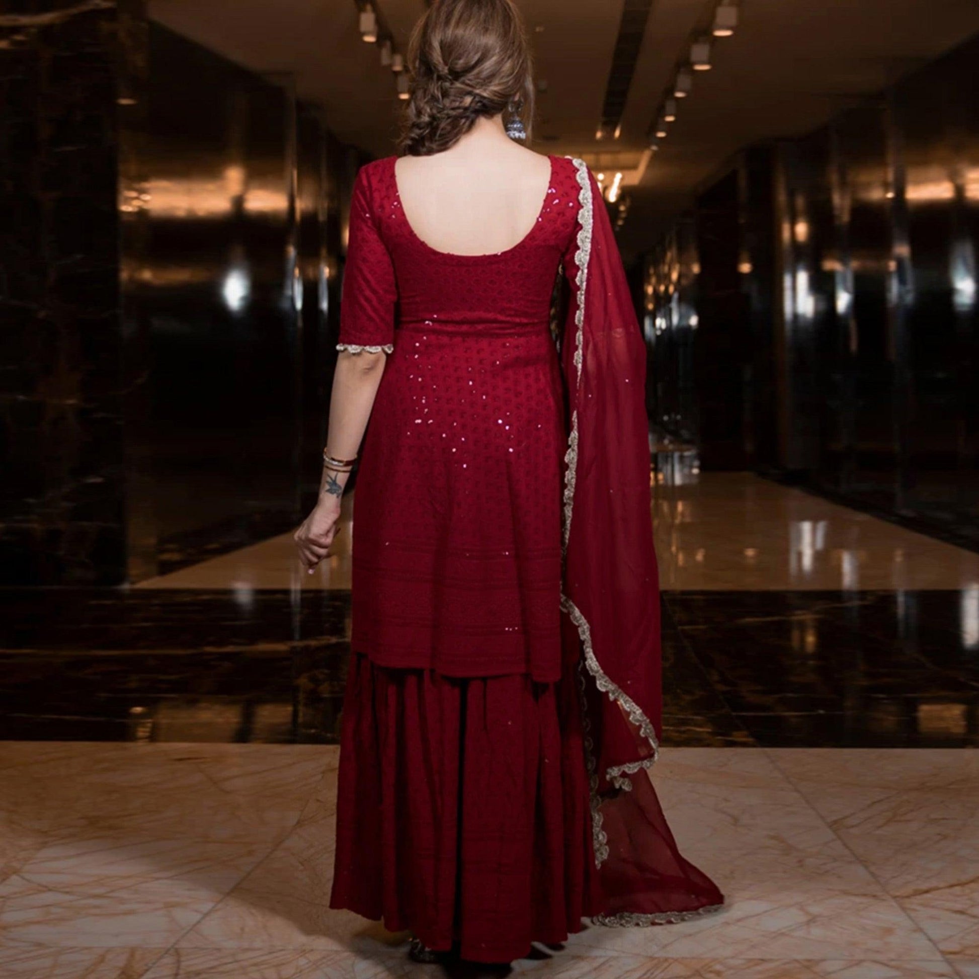 Maroon Partywear Lucknowi Chikankari Rayon Sharara Suit