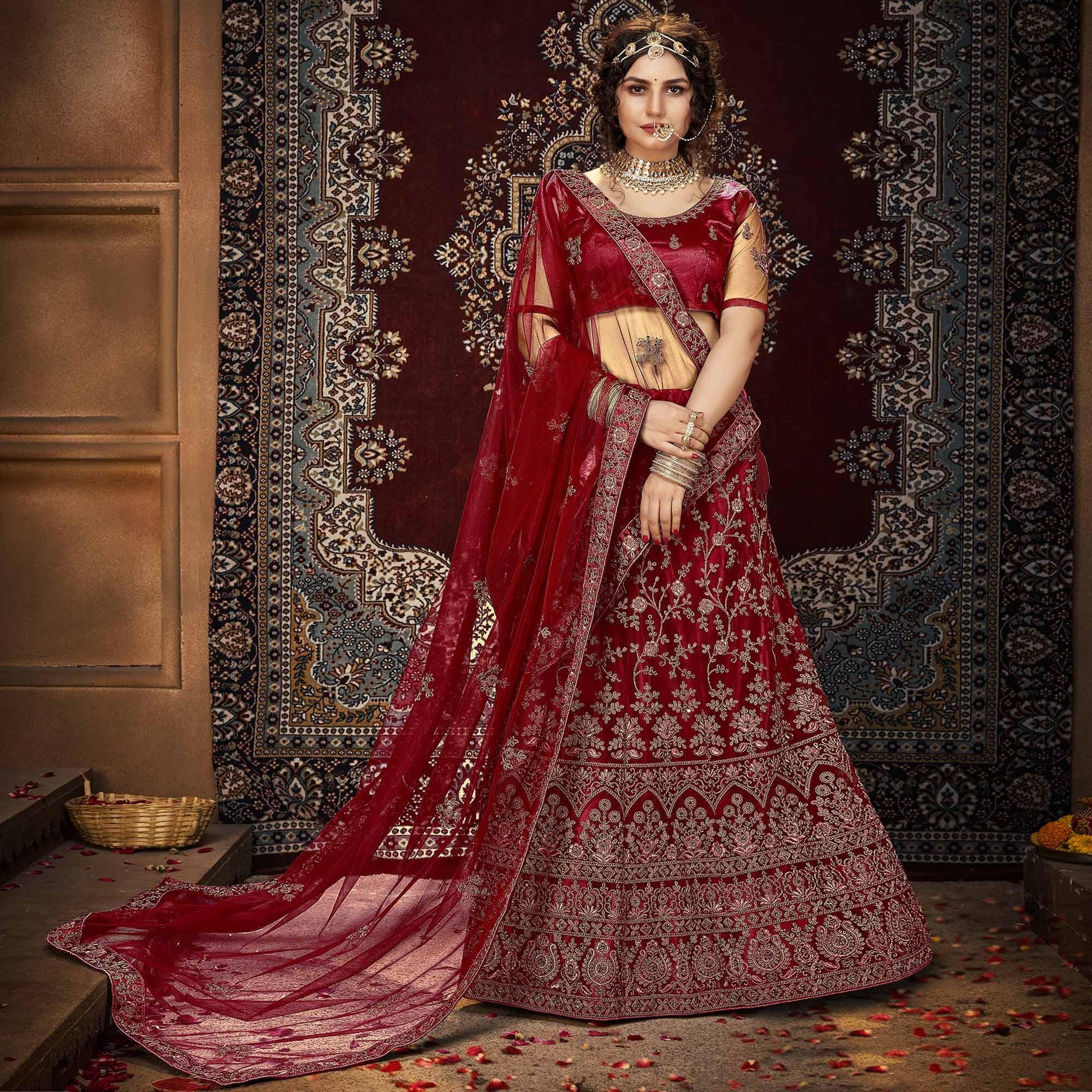 Maroon Partywear Multi Sequins Embroidered Net Lehenga Choli