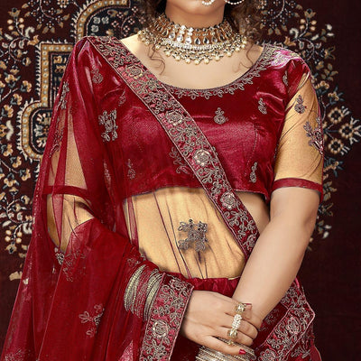 Maroon Partywear Multi Sequins Embroidered Net Lehenga Choli