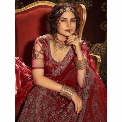 Maroon Partywear Multi Sequins Embroidered Net Lehenga Choli