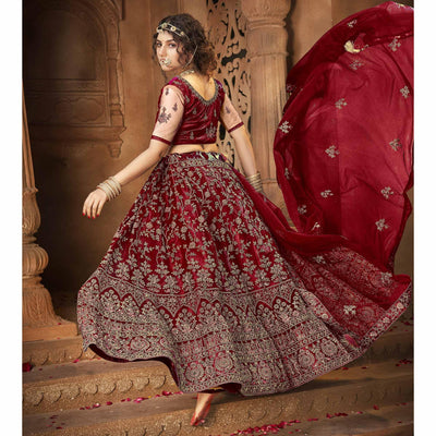 Maroon Partywear Multi Sequins Embroidered Net Lehenga Choli
