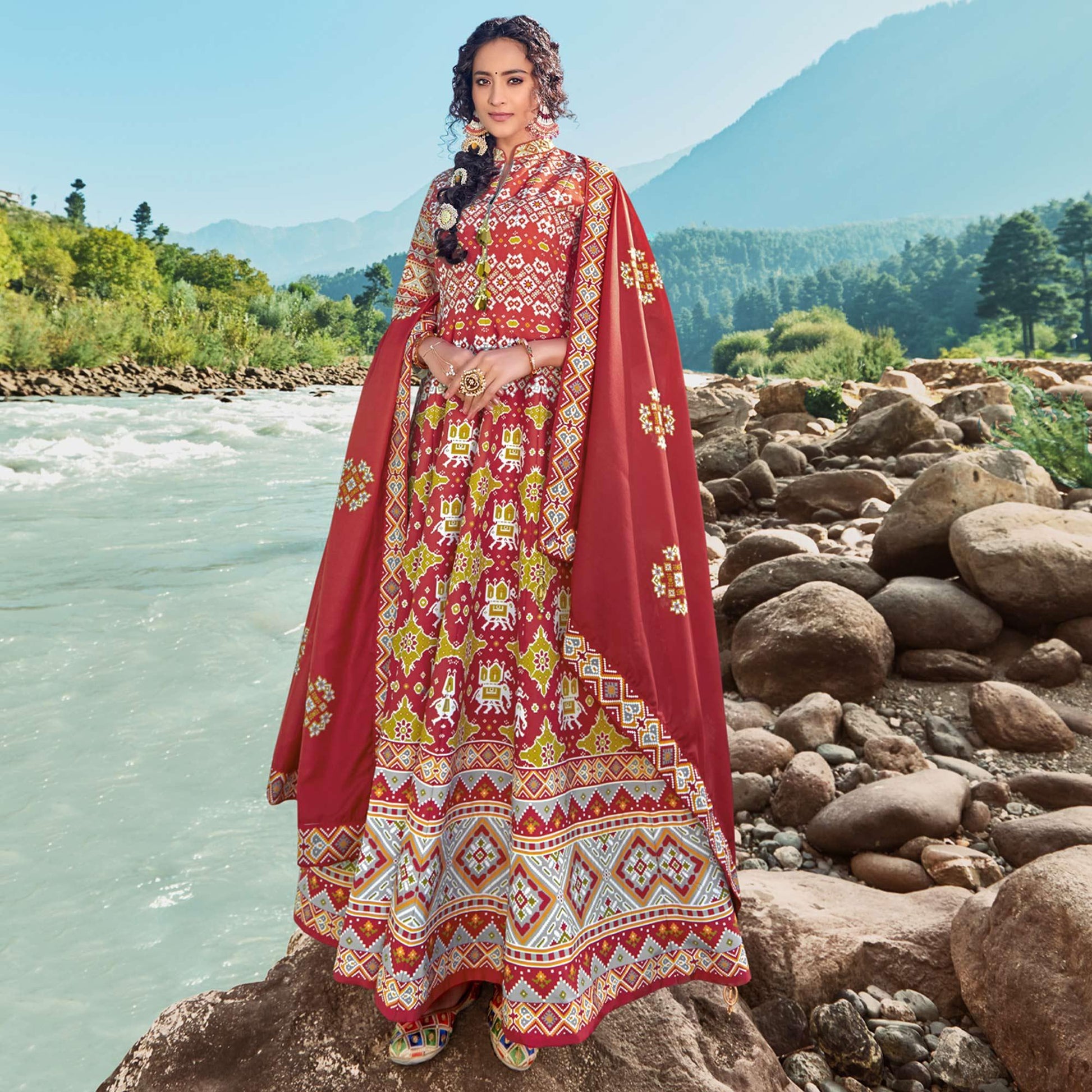 Maroon Partywear Patola Digital Printed Killer Silk Anarkali Suit