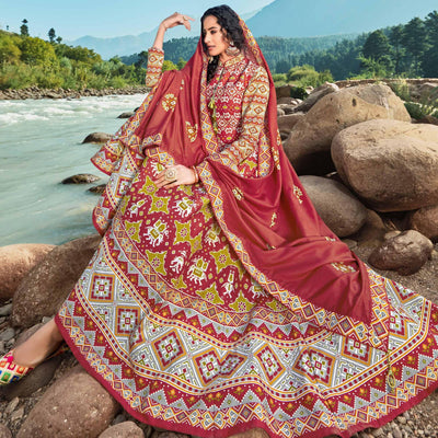 Maroon Partywear Patola Digital Printed Killer Silk Anarkali Suit