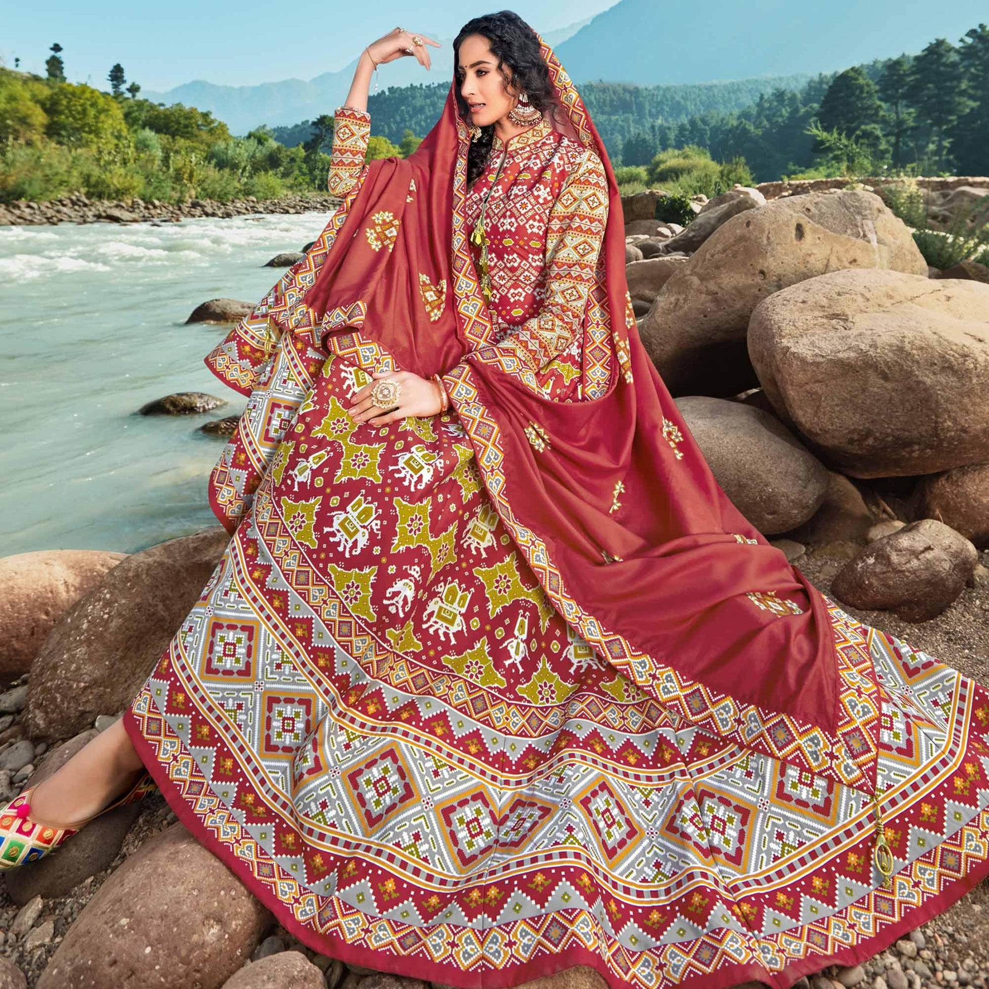 Maroon Partywear Patola Digital Printed Killer Silk Anarkali Suit