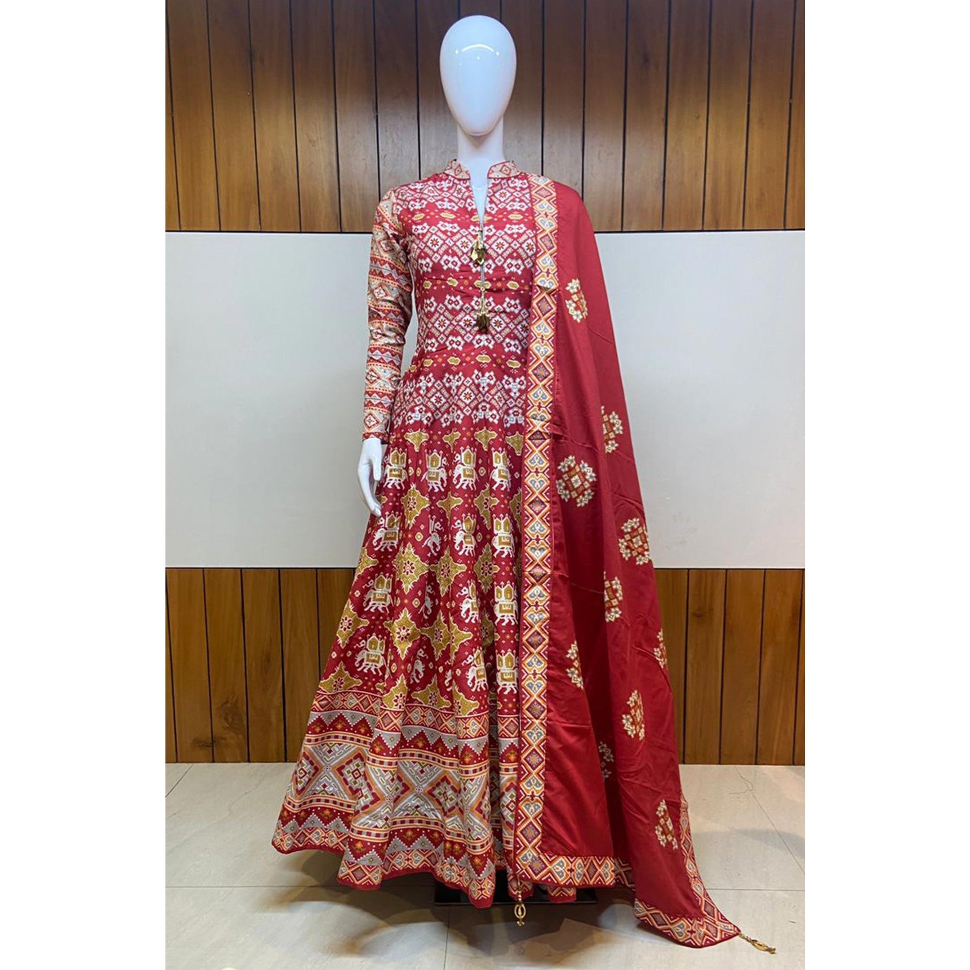 Maroon Partywear Patola Digital Printed Killer Silk Anarkali Suit