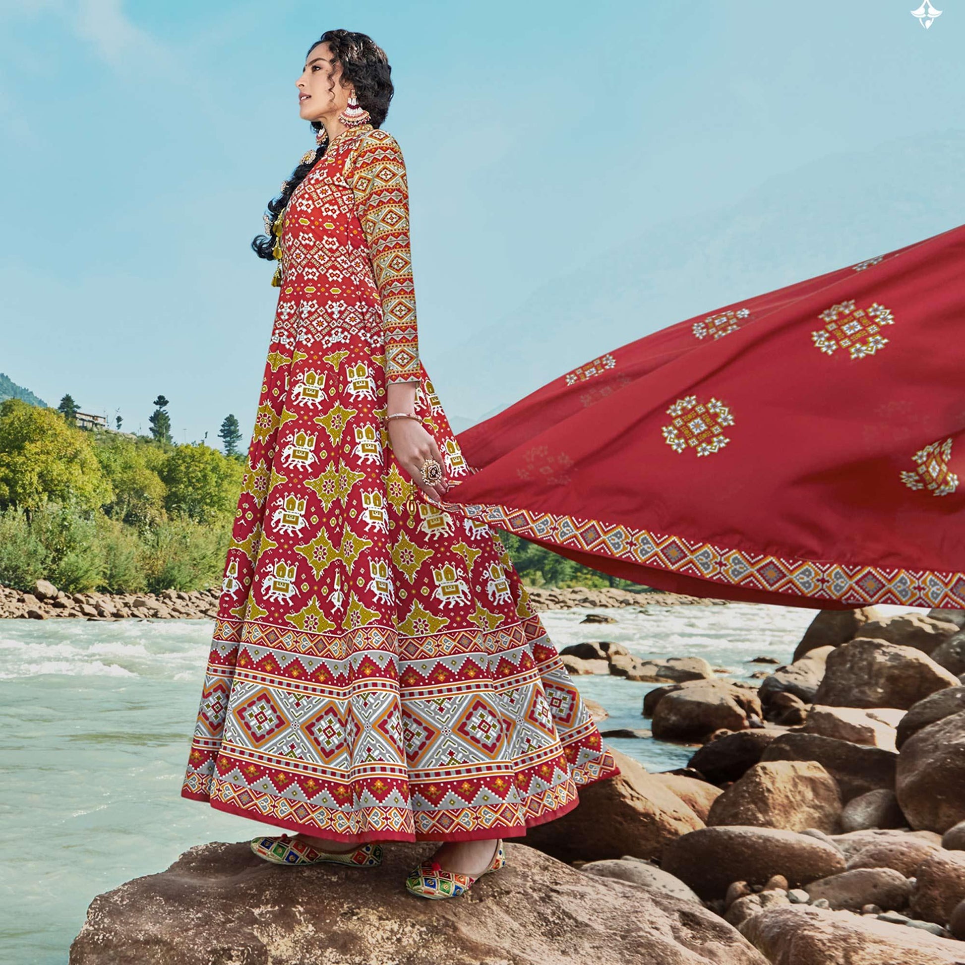 Maroon Partywear Patola Digital Printed Killer Silk Anarkali Suit