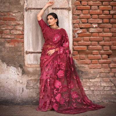 Maroon Partywear Piping Stone Velvet Zari Organza Saree