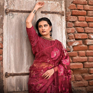 Maroon Partywear Piping Stone Velvet Zari Organza Saree