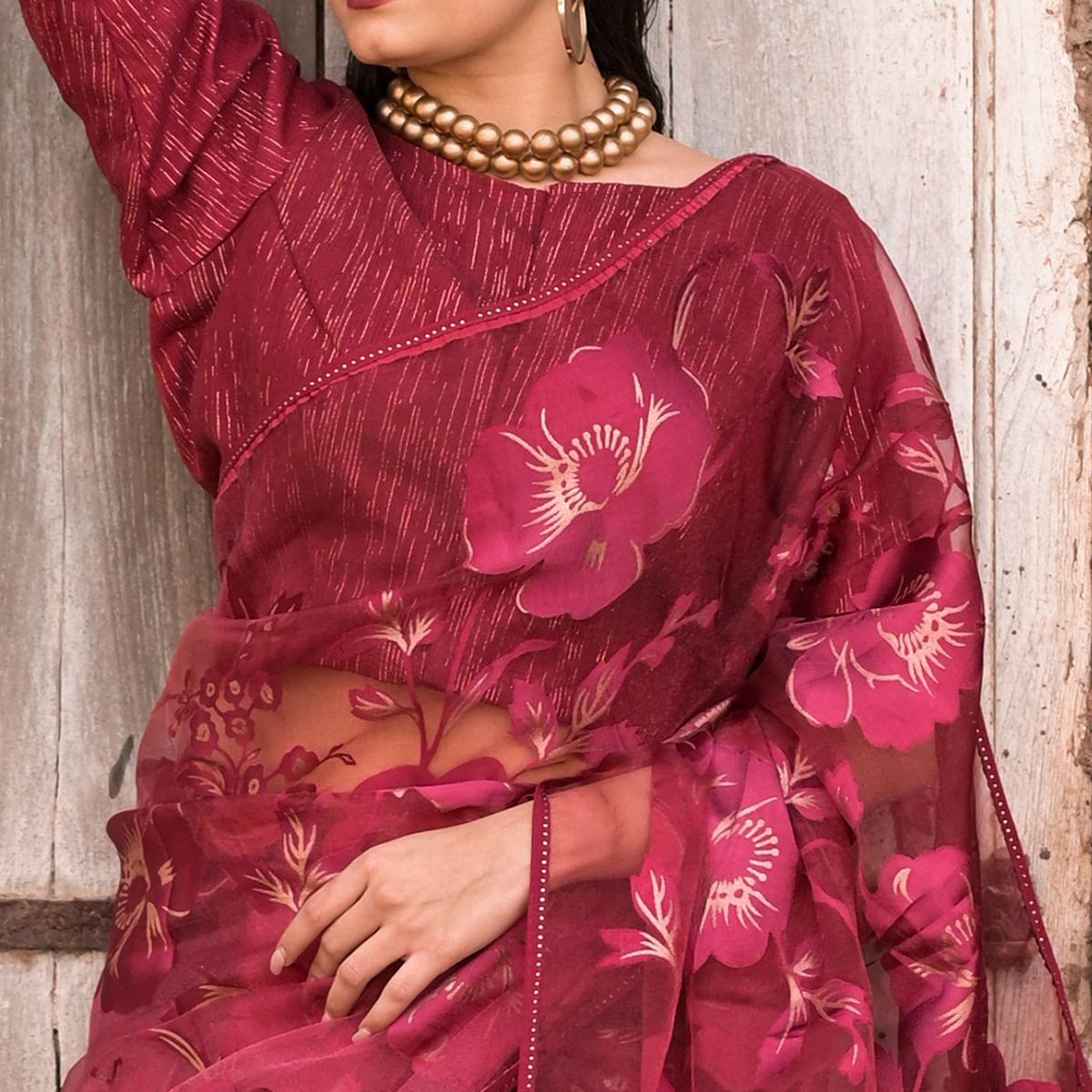 Maroon Partywear Piping Stone Velvet Zari Organza Saree