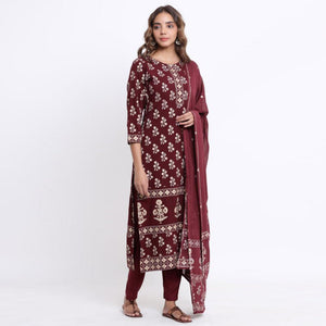 Maroon Partywear Printed With Gotta Patti Cotton Kurti Pant Set With Dupatta