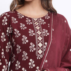 Maroon Partywear Printed With Gotta Patti Cotton Kurti Pant Set With Dupatta