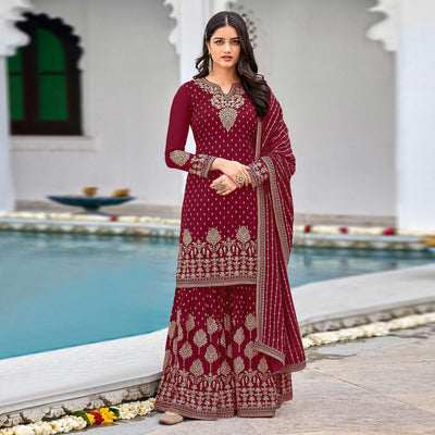 Maroon Partywear Sequins & Embroidered Faux Georgette Salwar Suit