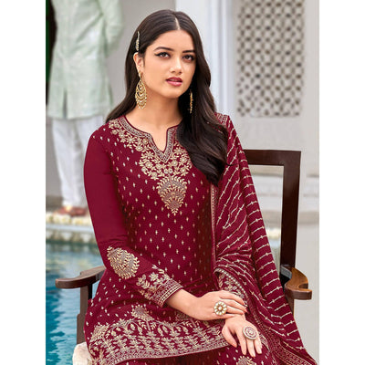 Maroon Partywear Sequins & Embroidered Faux Georgette Salwar Suit