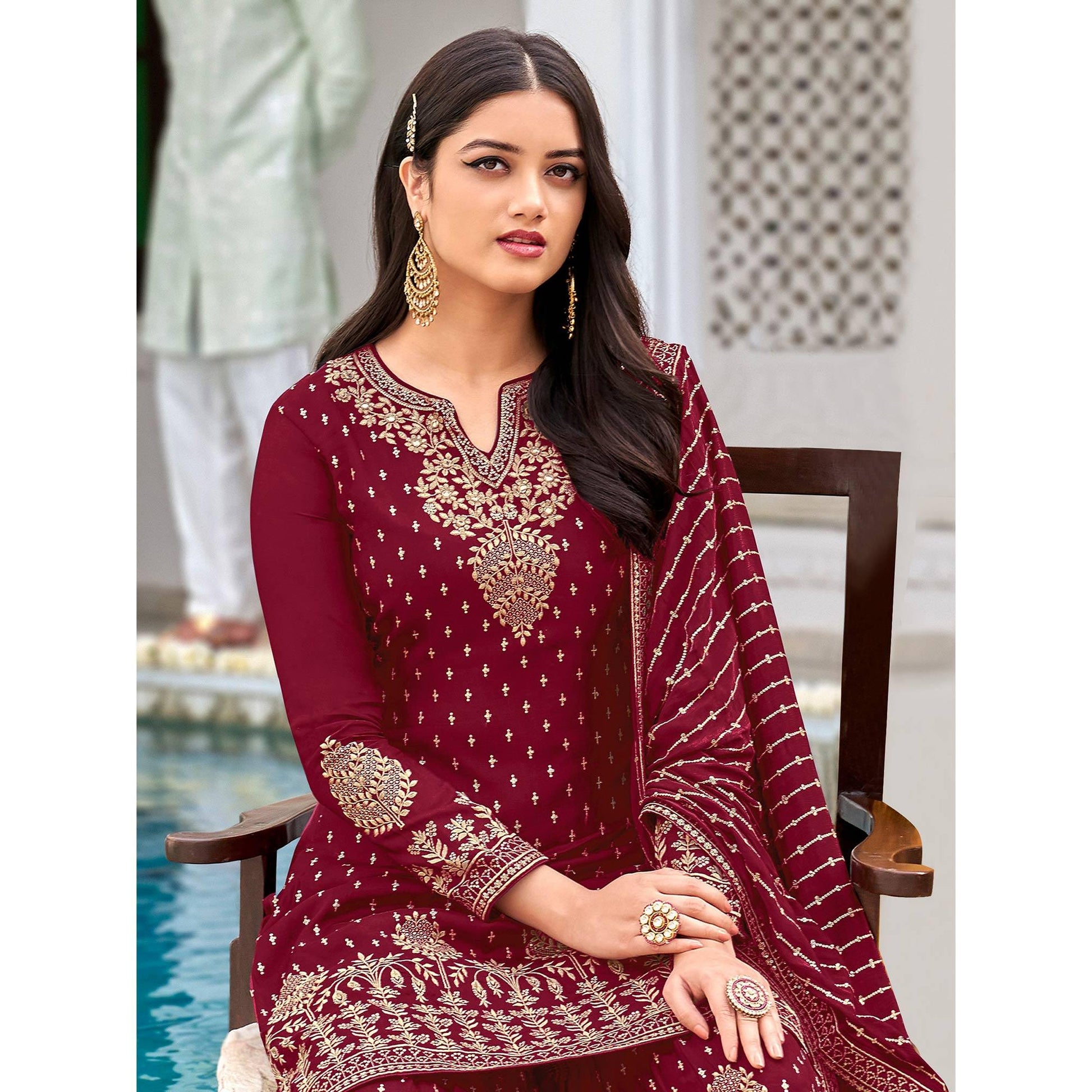 Maroon Partywear Sequins & Embroidered Faux Georgette Salwar Suit