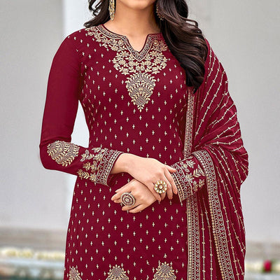 Maroon Partywear Sequins & Embroidered Faux Georgette Salwar Suit