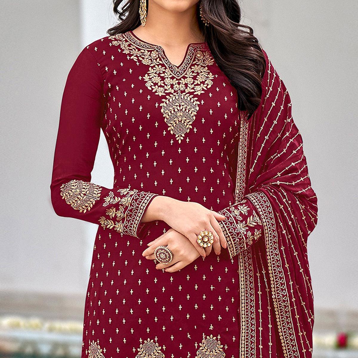 Maroon Partywear Sequins & Embroidered Faux Georgette Salwar Suit