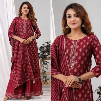 Maroon Partywear Sequins Embroidered Cotton Kurti Palazzo Suit