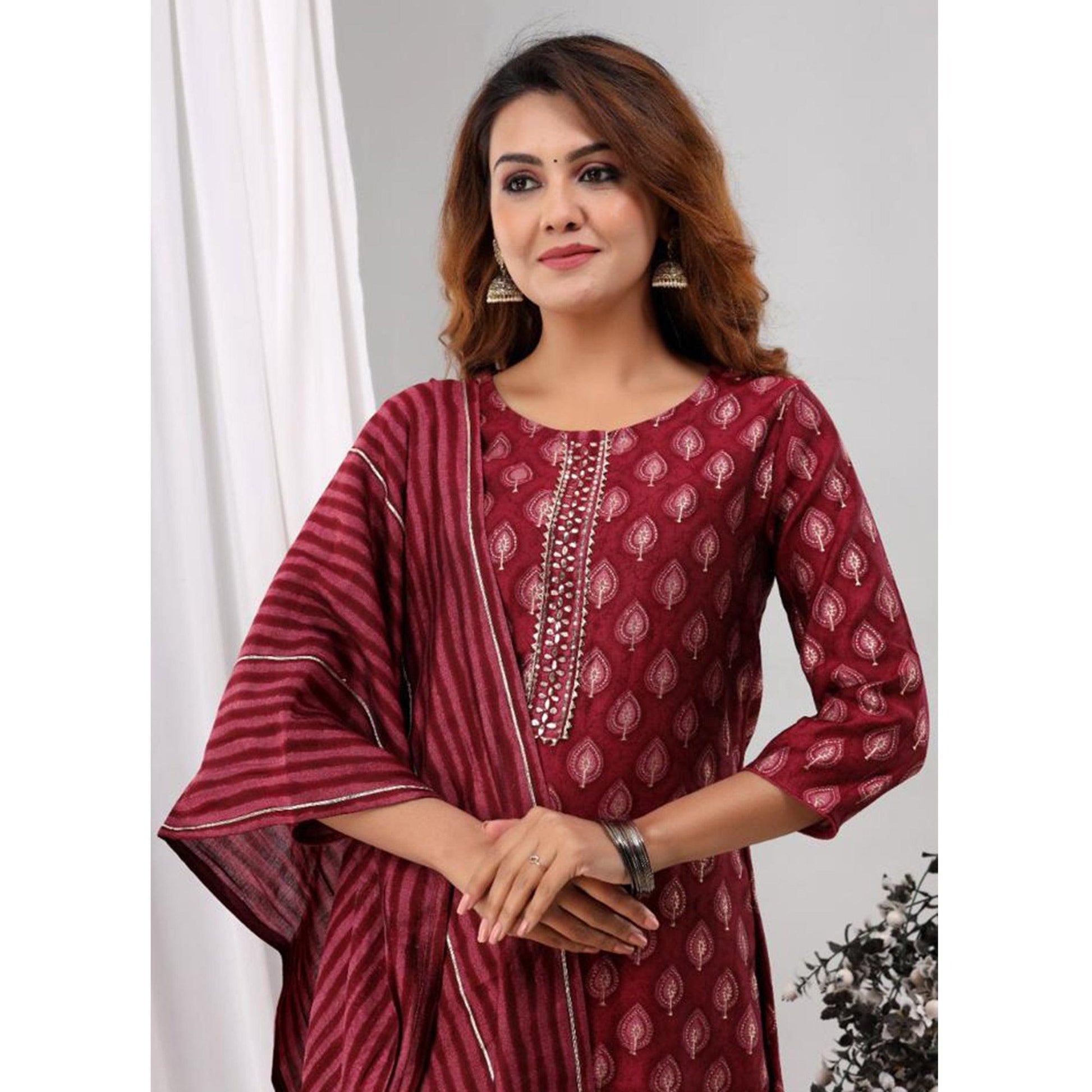 Maroon Partywear Sequins Embroidered Cotton Kurti Palazzo Suit