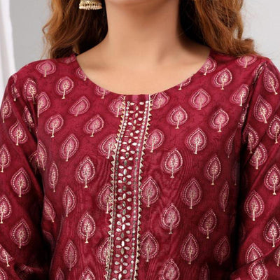 Maroon Partywear Sequins Embroidered Cotton Kurti Palazzo Suit