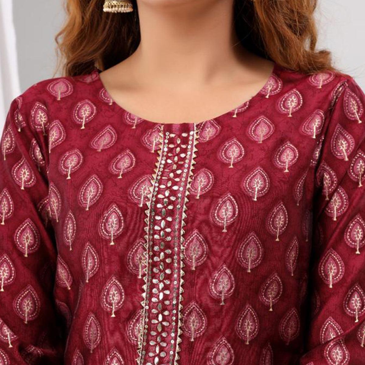 Maroon Partywear Sequins Embroidered Cotton Kurti Palazzo Suit