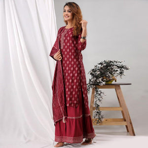 Maroon Partywear Sequins Embroidered Cotton Kurti Palazzo Suit