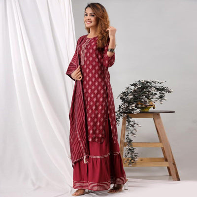 Maroon Partywear Sequins Embroidered Cotton Kurti Palazzo Suit