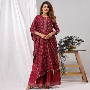 Maroon Partywear Sequins Embroidered Cotton Kurti Palazzo Suit