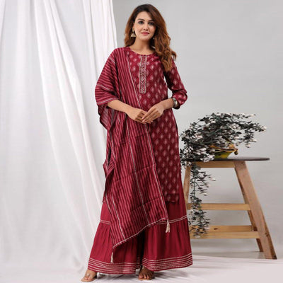 Maroon Partywear Sequins Embroidered Cotton Kurti Palazzo Suit